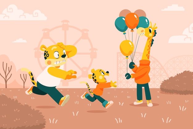 Hand drawn wild animals doing human activities illustration